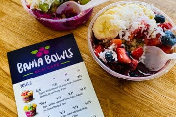 Pictured : Pitaya Bowl and Acai Bowl with the Bahia Bowls menu.