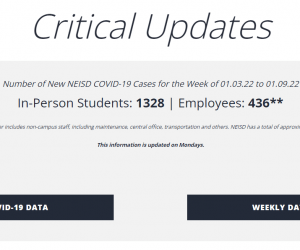 A critical updates section of the NEISD website lists 1328 in-person students, and 436 employees have reported having COVID.