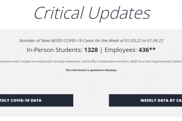 A critical updates section of the NEISD website lists 1328 in-person students, and 436 employees have reported having COVID.