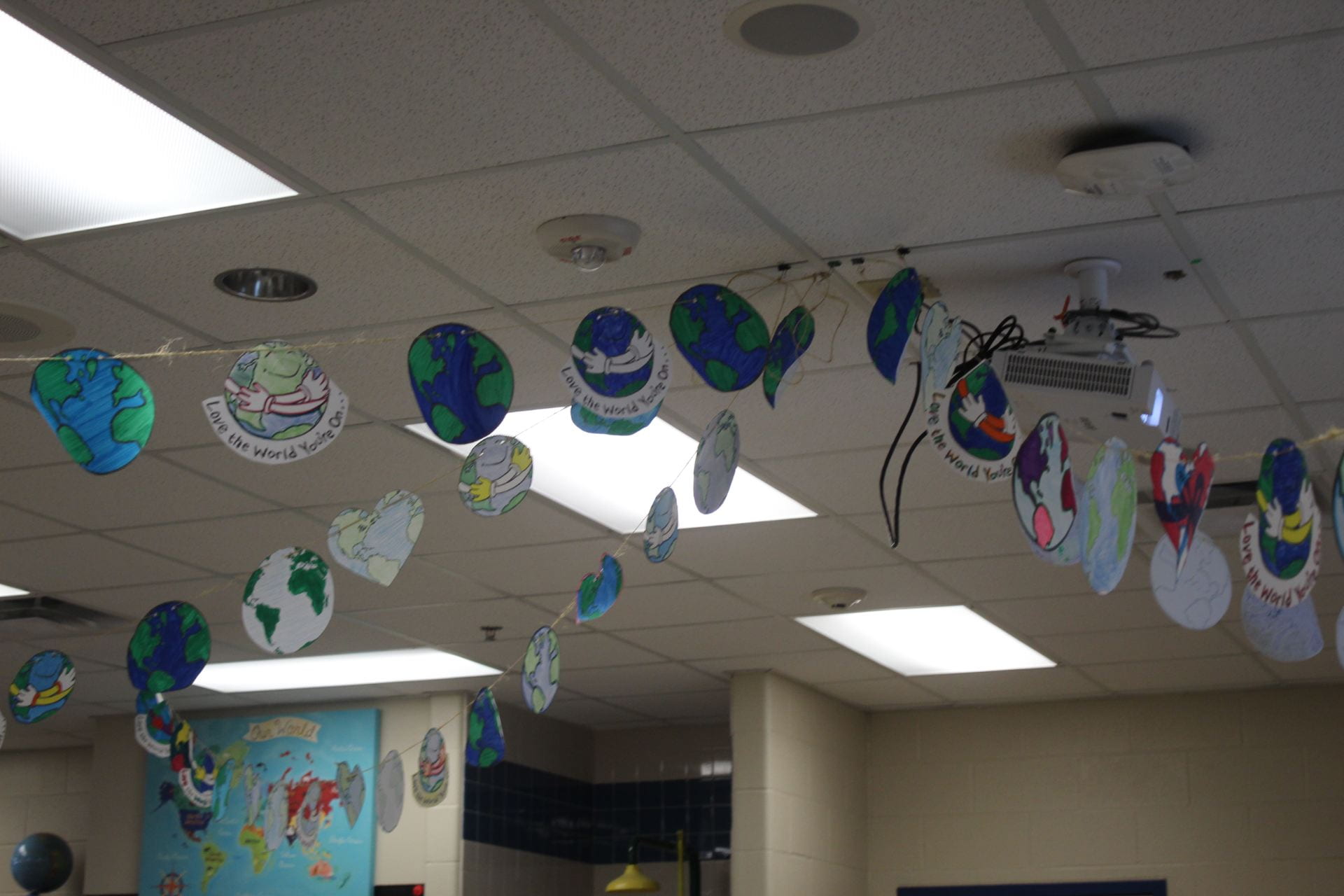 Earth decorations hanging in science classroom