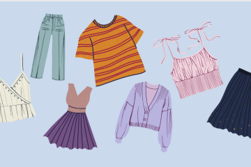Various graphics of colorful clothing on a baby blue background.