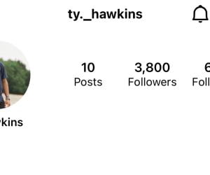 Ty Hawkins Instagram account, displaying 3,800 followers, class of '25 and JHS. It also shows a profile picture of him holding a football and 10 posts in the left hand corner.