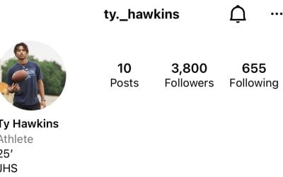 Ty Hawkins Instagram account, displaying 3,800 followers, class of '25 and JHS. It also shows a profile picture of him holding a football and 10 posts in the left hand corner.