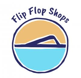 Orange and blue flip flip shops logo with a dark blue flip flop