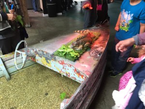 An iguana lying on a bed of fake grass for people to touch at will. Photo by Frank Garcia