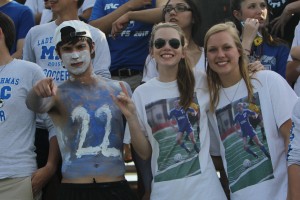 Senior Parker Miller wears number 22 to support his girlfriend junior forward Kyra Falcone. Seniors Madeline Senter and Hannah Willhoite wear their Leslie Giles shirts. Photo by Jacob Dukes