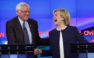 Democratic candidates Bernie Sanders and Hillary Clinton at  Democratic Debatr