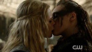 Clarke and Lexa's first kiss from CW's The 100. Photo from: the100.wikia.com